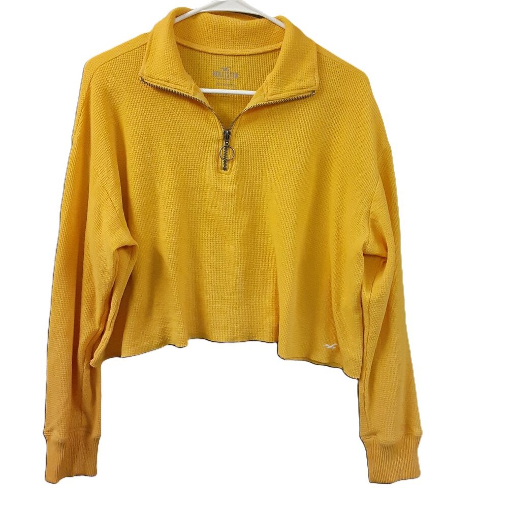 Hollister Woman's Crop Top Size XS Zip Neck Pullover Boyfriend Tee Long Sleeve